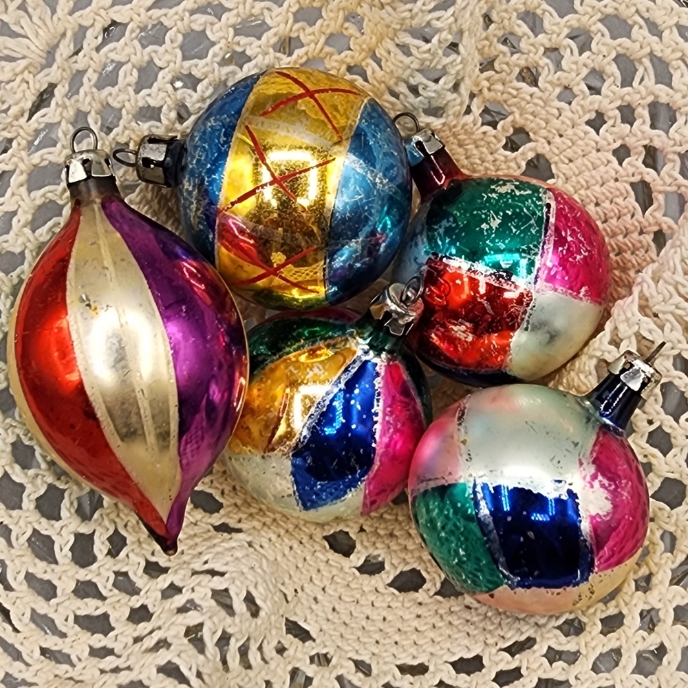 Beautiful Antique Glass Christmas Ornaments. Made‎ in Poland. Rare. Lot of 5.